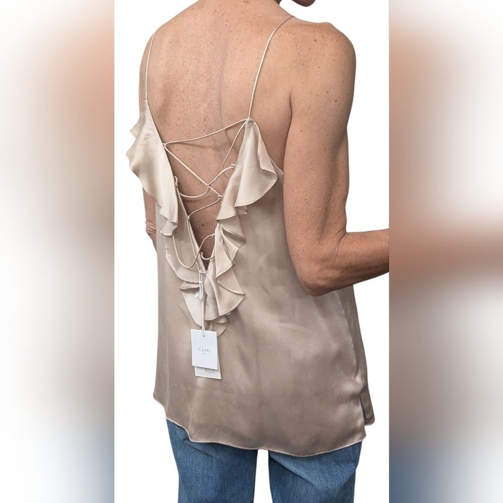 NWT CAMI NYC Vera 100% Silk Open Back Ruffle Top Rose Dust M